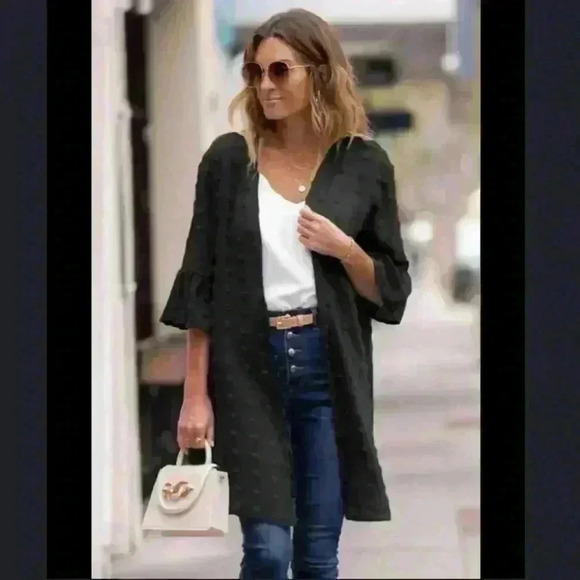 Amaryllis Black Swiss Dot Ruffle 3/4 Sleeve Sheer Open Flowy Cardigan Size M/L - Picture 8 of 8